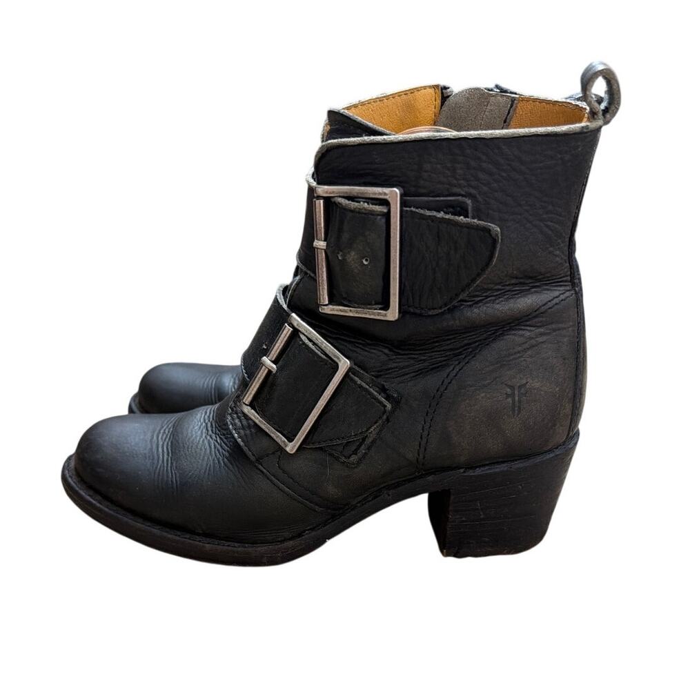 Vtg Frye Sabrina Black Distressed Leather Double Buckle Ankle Boots Size 7.5